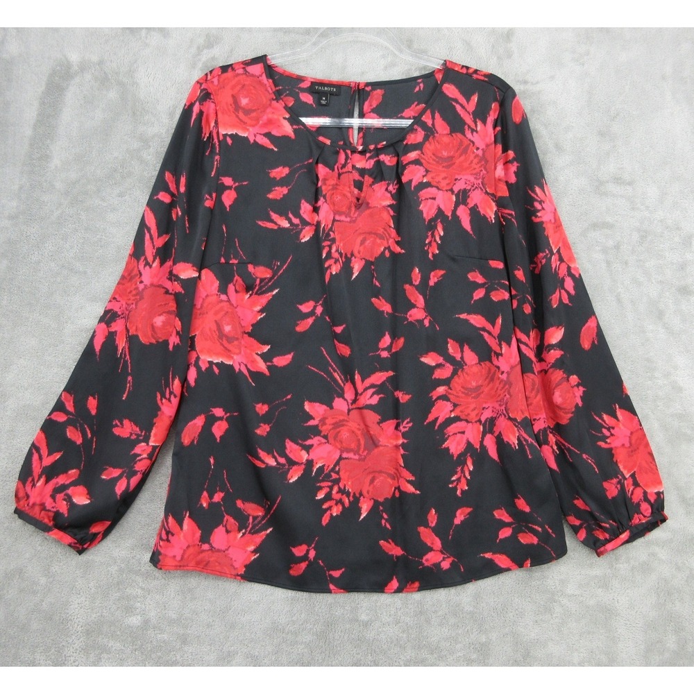 Talbots Top Womens Size M Satin Floral Keyhole Romantic Whimsigoth Feminine Red